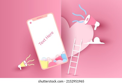 online shopping pink background. text here, smartphone, megaphone, shopping bags, heart, paper cut and craft style. vector art and illustration.
