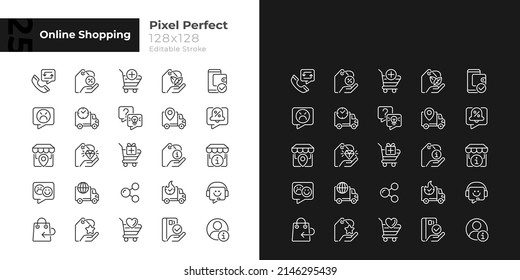 Online shopping pixel perfect linear icons set for dark, light mode. Electronic commerce. Thin line symbols for night, day theme. Isolated illustrations. Editable stroke. Quicksand-Light font used