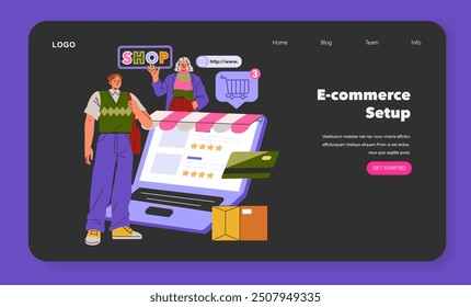 Online shopping platform creation with characters discussing e-commerce on a website interface. Entrepreneurs setting up an online store. Vector illustration.