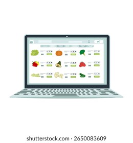 Online shopping platform with digital interface displaying various grocery items on laptop screen vector