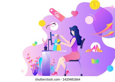 online shopping platform flat design concept. a woman buying things or product via credit card through the computer and online payment technology