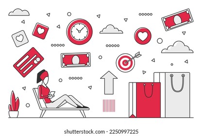 Plataforma de compras en línea. Compra de Internet, pedido en línea, ecommerce negocio vector monocolor ilustración