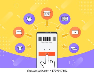 Online Shopping Platform Vector Illustration: Offline To Online Service, Mobile In Retail, Mobile ECommerce Platform. 