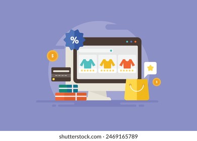 Online-Shopping-Plattform. Website mit eCommerce-Technologie für den Online-Verkauf von Produkten. Sicheres Zahlungs-Gateway für E-Commerce-Website und App, Einkaufsrabatt - Vektorillustration mit Icons