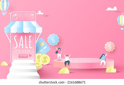 compras en línea. fondo rosado podio. decoración, Podium, tarjeta de crédito, porcentaje, venta, teléfono inteligente, personas. corte de papel y estilo artesanal. arte vectorial e ilustración. 