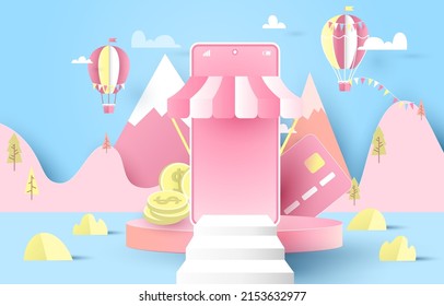 online shopping. Podium for placing products blue background. decoration, mountain, credit card, money, telephone, shopping, balloon, sky. paper cut and craft style. vector art and illustration.