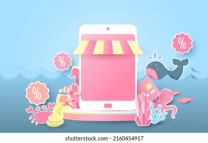 online shopping Podium and the sea ​​creatures. blue background. credit card, money, smartphone, fish, coral, discount. paper cut and craft style. vector art and illustration.