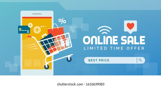 Online shopping pormotional sale: shopping cart full of bags and gift boxes coming out from a smartphone