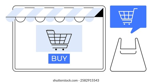 Online shopping portal icon with a cart image, Buy button, and a shopping bag symbol. Ideal for e-commerce, digital marketing, online retail, mobile commerce, business websites, consumer apps