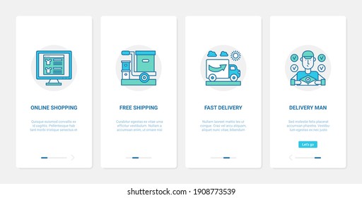 Online shopping, post delivery service vector illustration. UX, UI onboarding mobile app page screen set with line company delivering orders abstract symbols, free fast shipping by courier postman