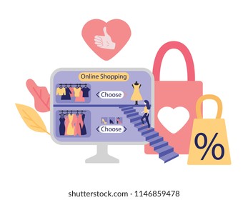 Online shopping poster background template with girl going up at ladder to monitor with online dressing room with clothing with shopping bag, sale, discount and clearance symbol - percen Vector
