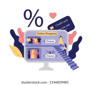 Online shopping poster background template with girl going up at ladder to monitor with online dressing room with clothing with credit card near sale, discount and clearance symbol - percen Vector