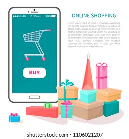 Online shopping poster buy button on smartphone, gift boxes, wrapped presents near electronic device, vector mobile phone, e-commerce web page design