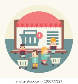 Online Shopping Poster. E-commerce Concept. Funny Cartoon People Making Purchases Using Laptops near Big Monitor with Storefront. Vector Illustration for Mobile Apps and Web Site Design. Retro Style.