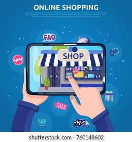 Online shopping poster with people hands selecting goods on tablet screen flat vector illustration 