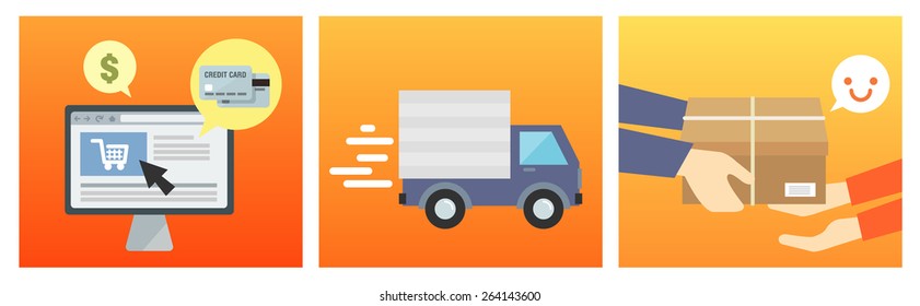 On-line Shopping process. Flat design concept. Vector illustration