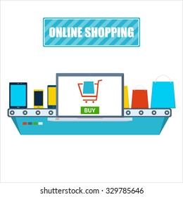 Online shopping process. Flat design vector illustration.