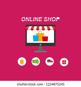 Online Shopping process infographic showing the choice of merchandise off the website adding it to the shopping cart payment packaging delivery and receipt centred around a desktop computer