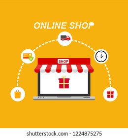 Online Shopping process infographic showing the choice of merchandise off the website adding it to the shopping cart payment packaging delivery and receipt centred around a desktop computer