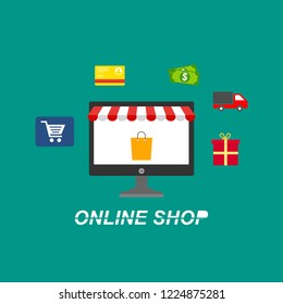 Online Shopping process infographic showing the choice of merchandise off the website adding it to the shopping cart payment packaging delivery and receipt centred around a desktop computer