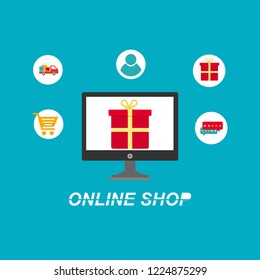 Online Shopping process infographic showing the choice of merchandise off the website adding it to the shopping cart payment packaging delivery and receipt centred around a desktop computer