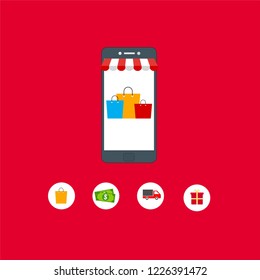 Online Shopping process infographic showing the choice of merchandise off the website adding it to the shopping cart payment packaging delivery and receipt centred around a smartphone