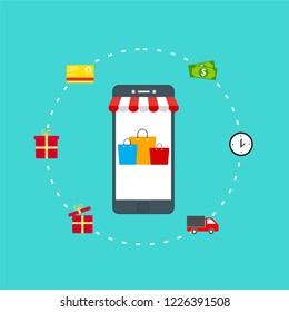 Online Shopping process infographic showing the choice of merchandise off the website adding it to the shopping cart payment packaging delivery and receipt centred around a smartphone