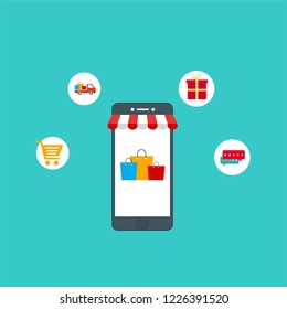 Online Shopping process infographic showing the choice of merchandise off the website adding it to the shopping cart payment packaging delivery and receipt centred around a smartphone