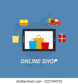 Online Shopping process infographic showing the choice of merchandise off the website adding it to the shopping cart payment packaging delivery and receipt centred around a smartphone