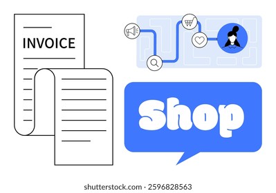 Online shopping process journey with icons for marketing, shopping cart, and customer satisfaction. Shows an invoice with billing details. Ideal for e-commerce, digital payments, retail management