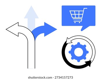 Online-Shopping, Prozessoptimierung, Geschäftsstrategie, Entscheidungsfindung, Workflow-Automatisierung, digitale Navigation. Pfeile, die Pfade, Zahnradsymbol und den Warenkorb anzeigen. E-Commerce und Verfahren