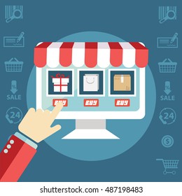 Online shopping process website item buy click pay flat modern design concept vector icon. Web banner illustration website click infographic e-commerce business store interface.