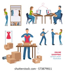 Online shopping process. Woman thinking about dress, make an order in online store. Delivery service accepts the order, packs purchase, delivers the parcel to the customer hands. Cartoon illustration.