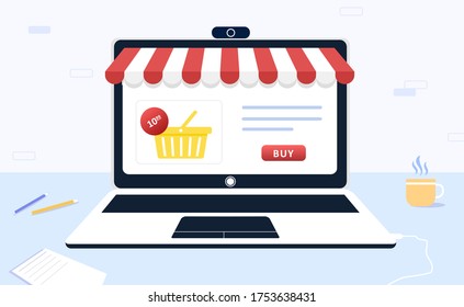 Online shopping. The product catalog on the web browser page. Shopping basket. Modern vector illustration in flat style.