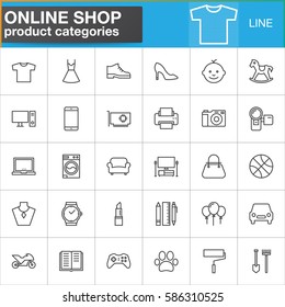 Online shopping product categories line icons set, outline vector symbol collection, linear style pictogram pack. Signs, logo illustration. Set includes icons as clothes, shoes, computer, electronics