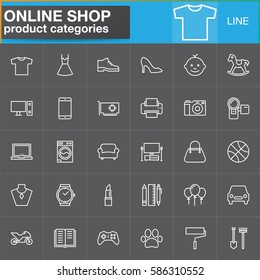 Online shopping product categories line icons set, outline vector symbol collection, linear white pictogram pack. Signs, logo illustration. Set includes icons as clothes, shoes, computer, electronics