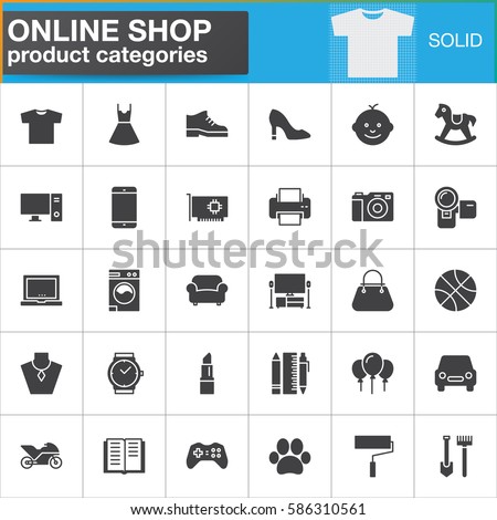 Online shopping product categories vector icons set, modern solid symbol collection, filled style pictogram pack. Signs, logo illustration. Set includes icons as clothes, shoes, computer, electronics