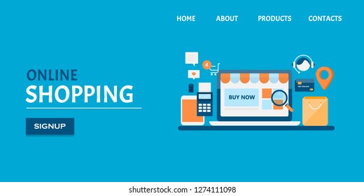 Online Shopping, Online product search, Buying on internet conceptual vector banner