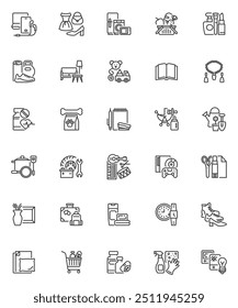 Online shopping products line icons set. linear style symbols collection, outline signs pack. E-commerce vector graphics. Set includes icon as electronic gadgets, home appliances, groceries, furniture