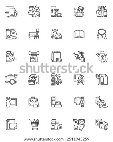 Online shopping products line icons set. linear style symbols collection, outline signs pack. E-commerce vector graphics. Set includes icon as electronic gadgets, home appliances, groceries, furniture