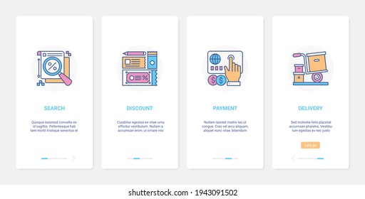 Online shopping profit technology vector illustration. UX, UI onboarding mobile app page screen set with line discount sales search, payment by credit card, free fast delivery from shop symbols