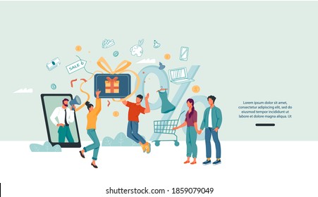 Online Shopping Promotion, Discounts And Customer Referral Program Web Banner. E-commerce And Mobile Marketing Site With Shoppers Interested In Making Purchases Through Customer Acquisition Programs.