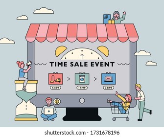 Online shopping promotion event poster. Small people are shopping around the giant monitor. flat design style minimal vector illustration.