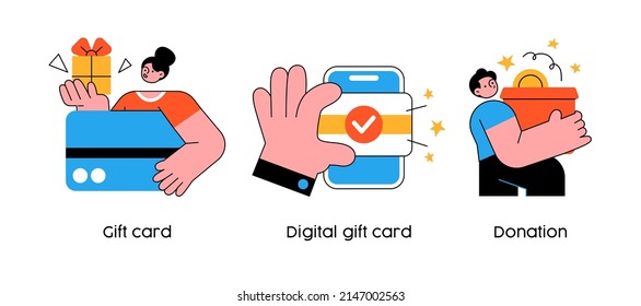 Online shopping promotion strategy - set of business concept illustrations. Gift cards and donations. Visual stories collection.