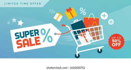 Online shopping promotional sale banner: fast shopping cart full of colorful bags and gifts boxes