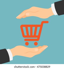 Online shopping protection. Safety from hacking, crime and fraud. Hands palm protect shopping cart.