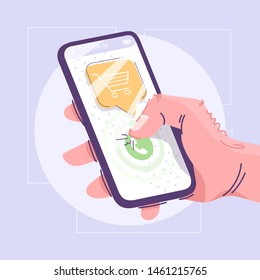 Online shopping, purchase flat vector illustration. Internet retail service, e shopping cartoon concept. Modern commerce idea. Customer hand holding smartphone with trolley icon. Mobile technology