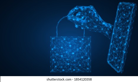 Online shopping. Purchase of goods in an online store using a mobile phone. The hand with the package transmits the order via smartphone. Polygonal design. Blue background.
