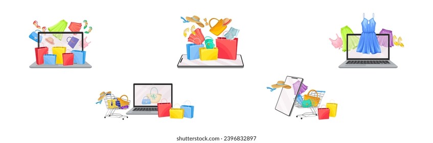 Online Shopping and Purchase with Laptop and Smartphone Screen Vector Set