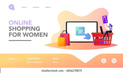 Online Shopping, Purchase in One Click, Wireless Payment Landing Page Template. Tiny Female Customer Character with Credit Card Buying Goods at Internet Store Order. Cartoon Vector Illustration